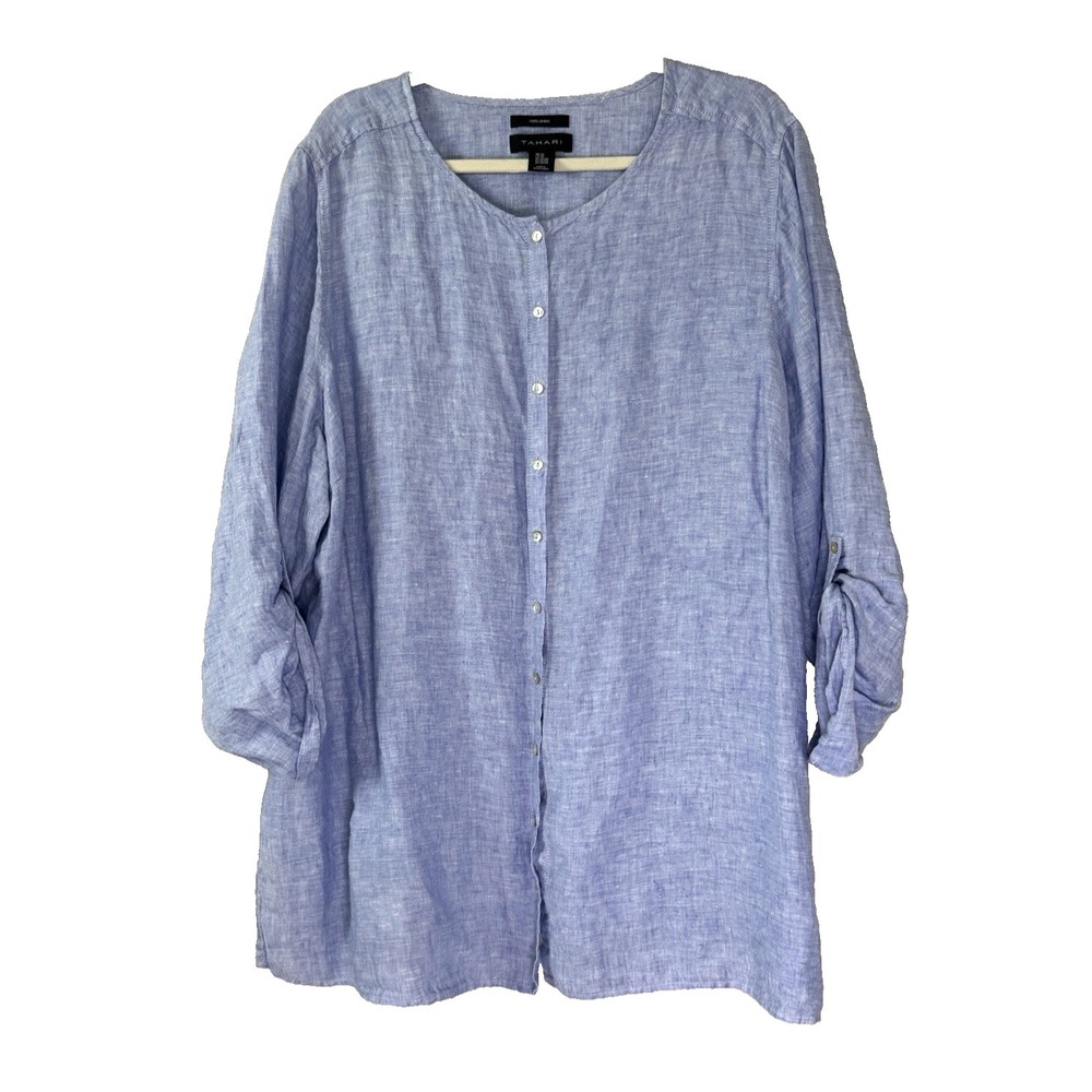 Tahari Womens 3X Linen Top Button Down Blouse Roll Tab Sleeve Coastal Cottage - Picture 2 of 11